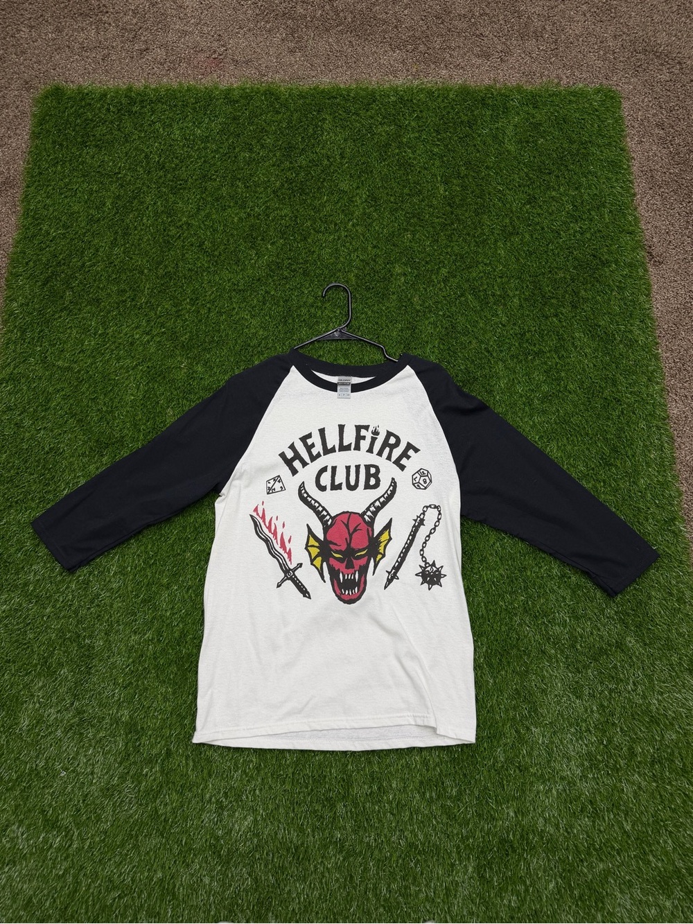 Gildan White & Black Hellfire Club Raglan Long Sleeve Tee with Red Graphic